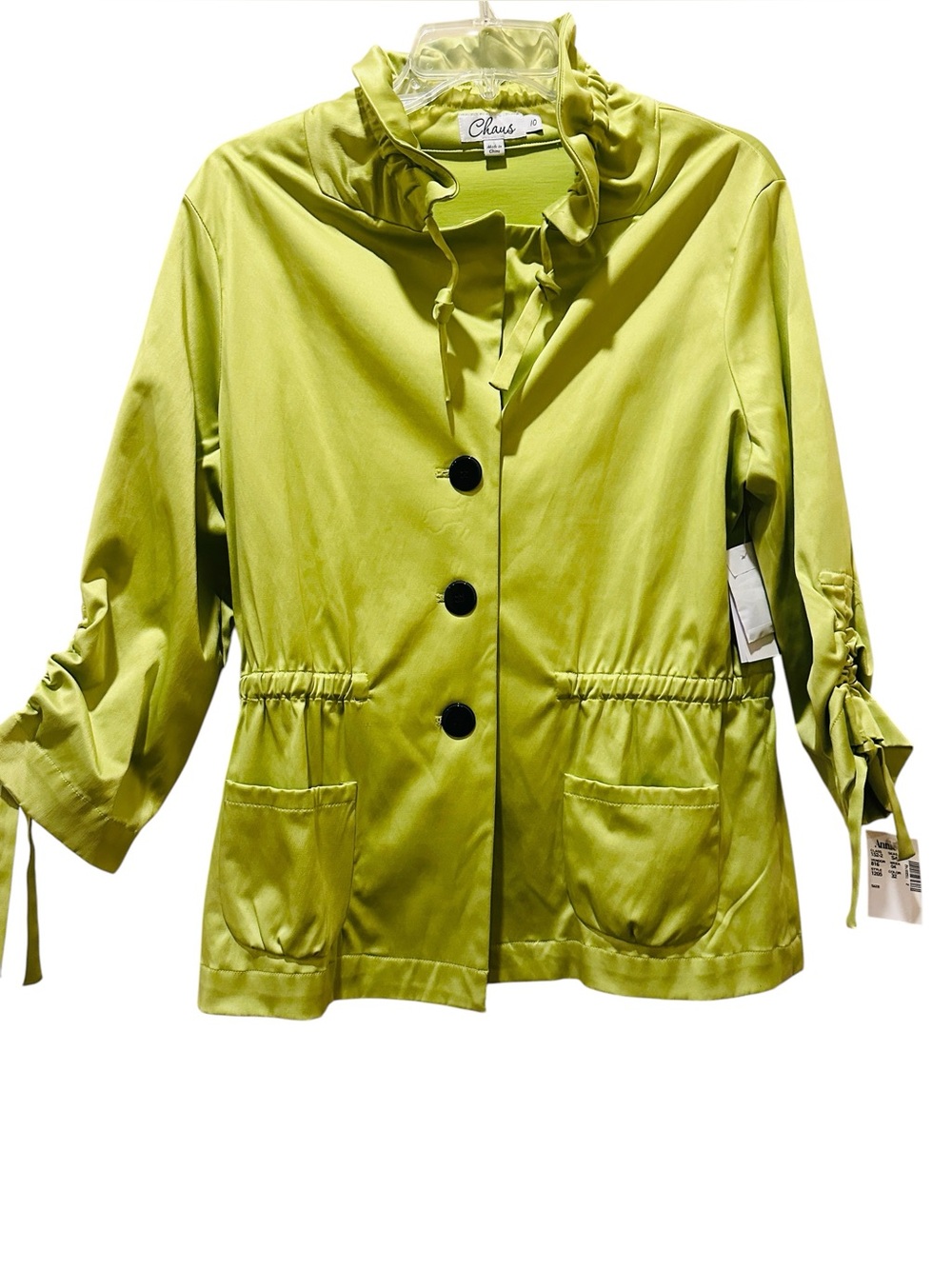 NwT Chaus Women’s Satin Lime Green 3/4 Ruched Jacket Ruffled Collar 10 Utility